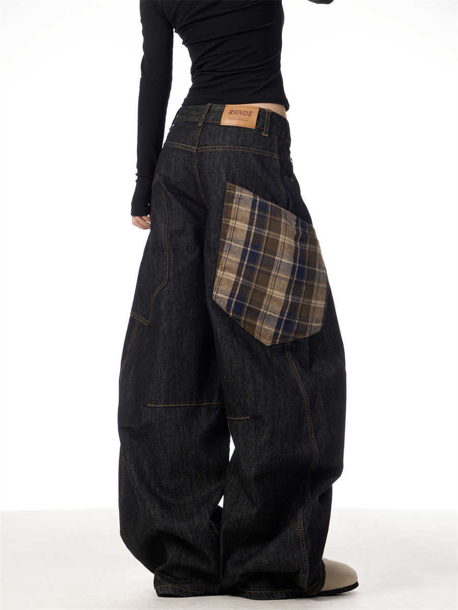 Retro Plaid Stitching Jeans Women's Straight Wide-leg Pants