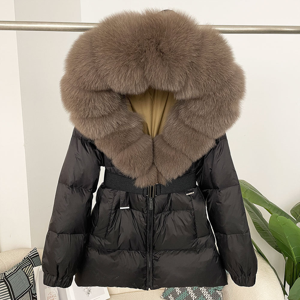 Oversized Real Fox Fur Collar Hooded White Duck Down Jacket