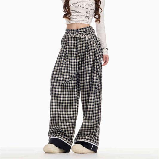 Women's Loose Plaid Pants Casual Pants With Flanging Straight High Waist