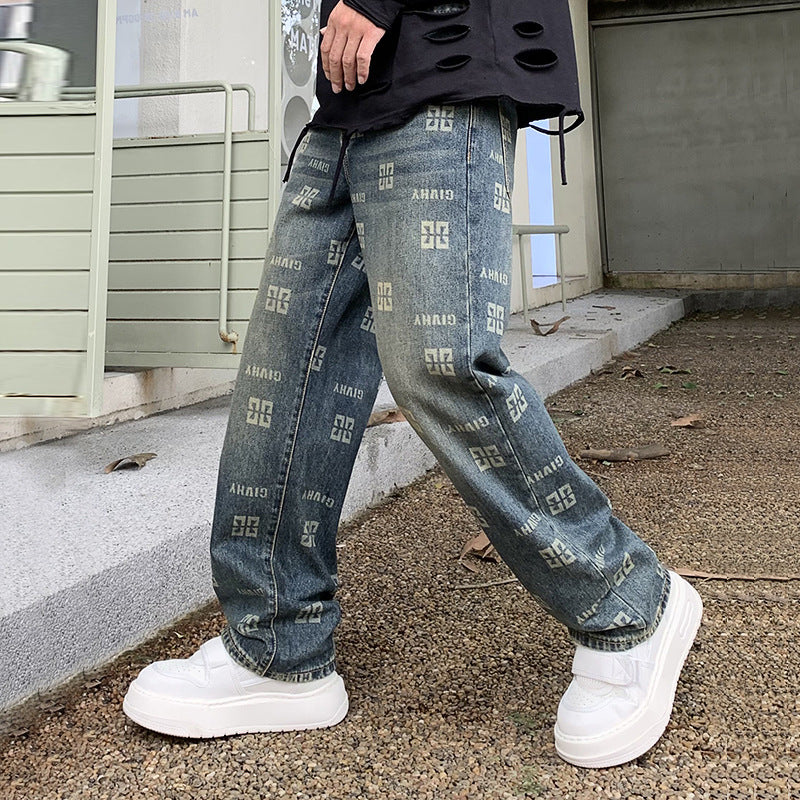 Men's Printed Jeans Straight Fashion Loose Casual Pants