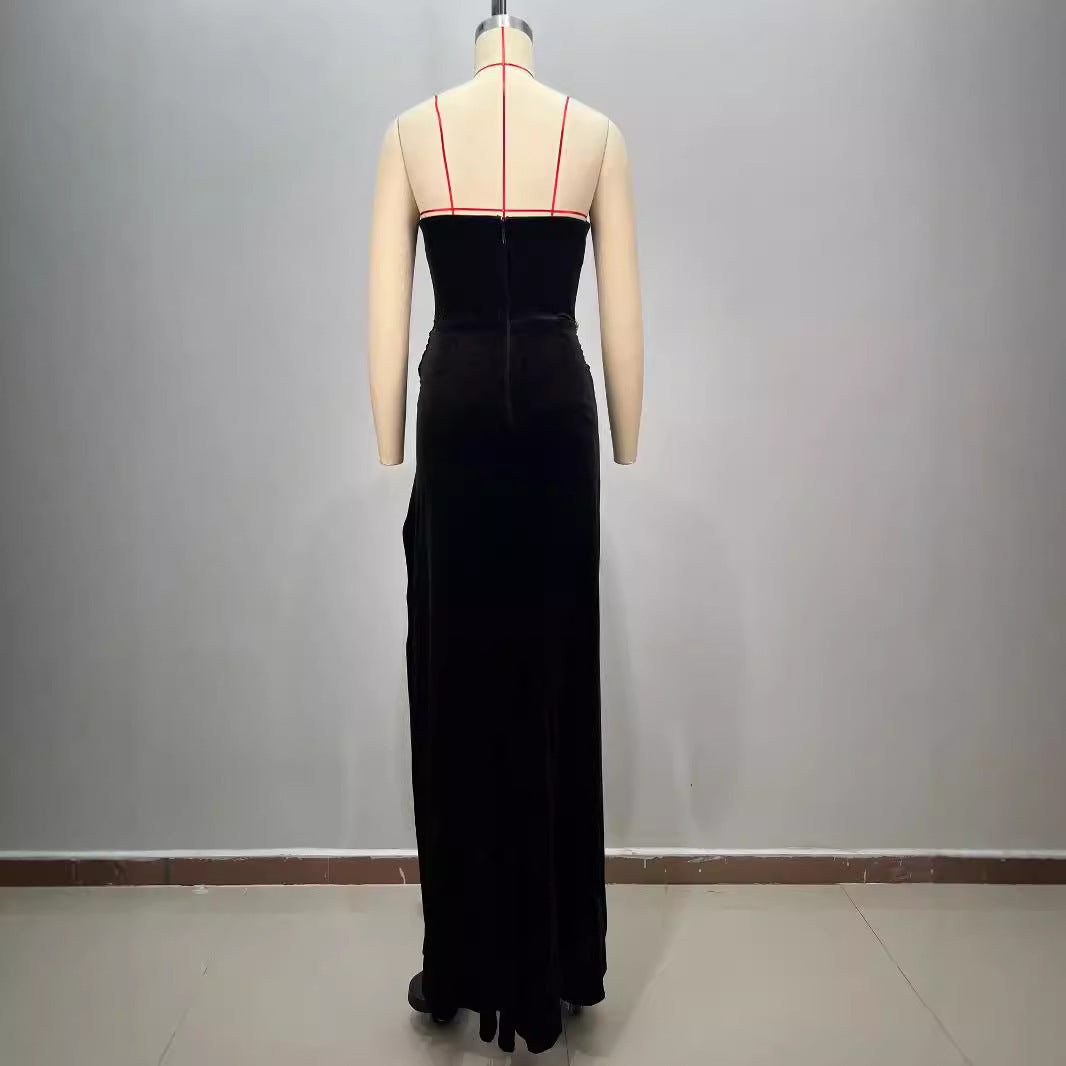 Women's Black Bandeau Slim-fit Hot Drilling Long Dress