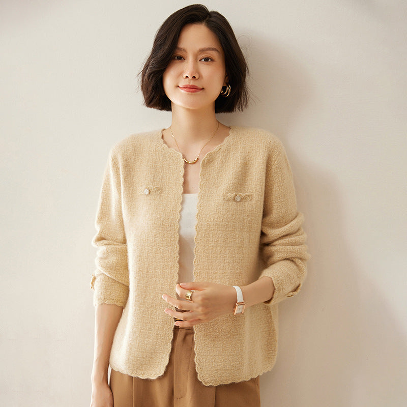 Women's Cashmere Cardigan Chanel Coat Loose Knitted Outerwear Round Neck Long Sleeve