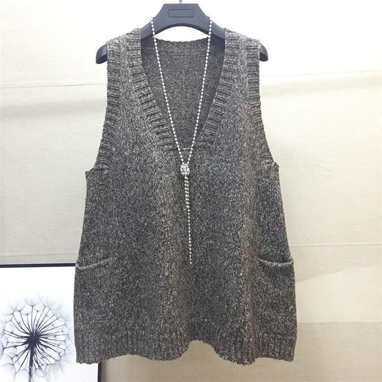 Plus Size Color Mid-length Sleeveless Sweater Coat