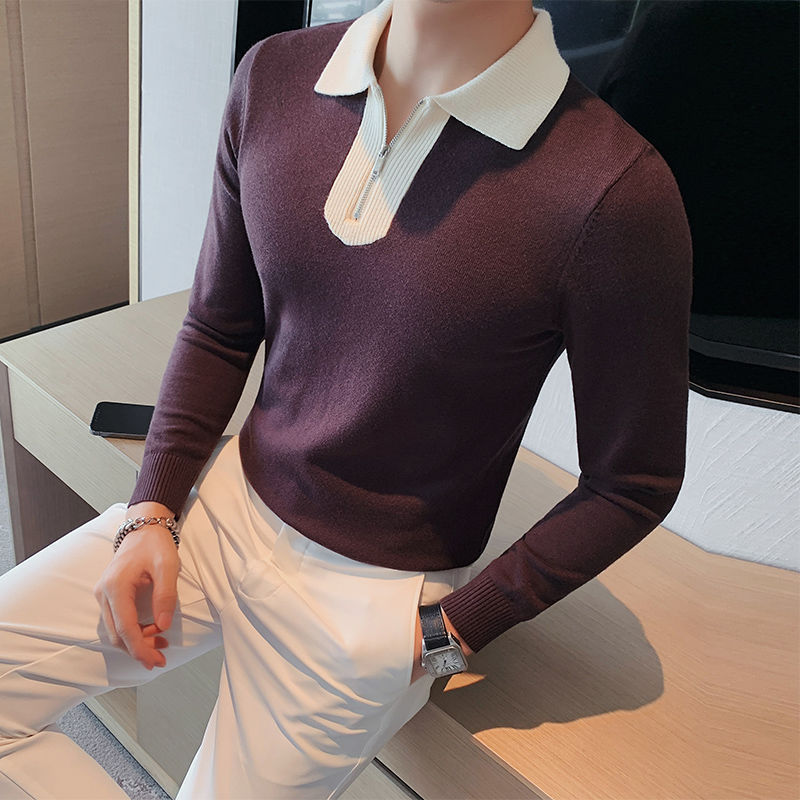 Men's Sweater Long-sleeved Shirt Slim Fit Close-fitting Color Contrast Bottoming Shirt