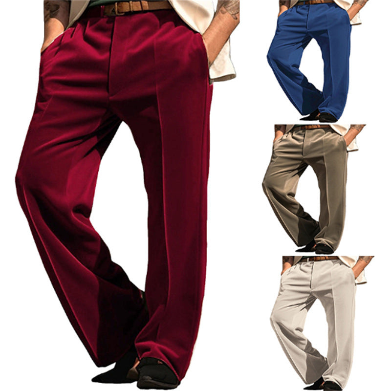 Men's Velvet Solid Color Oblique Pocket Straight Comfortable Suit Pants