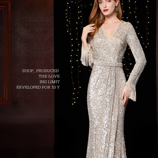 Temperament Banquet Ladies Sequined Annual Meeting Host Long Evening Dress