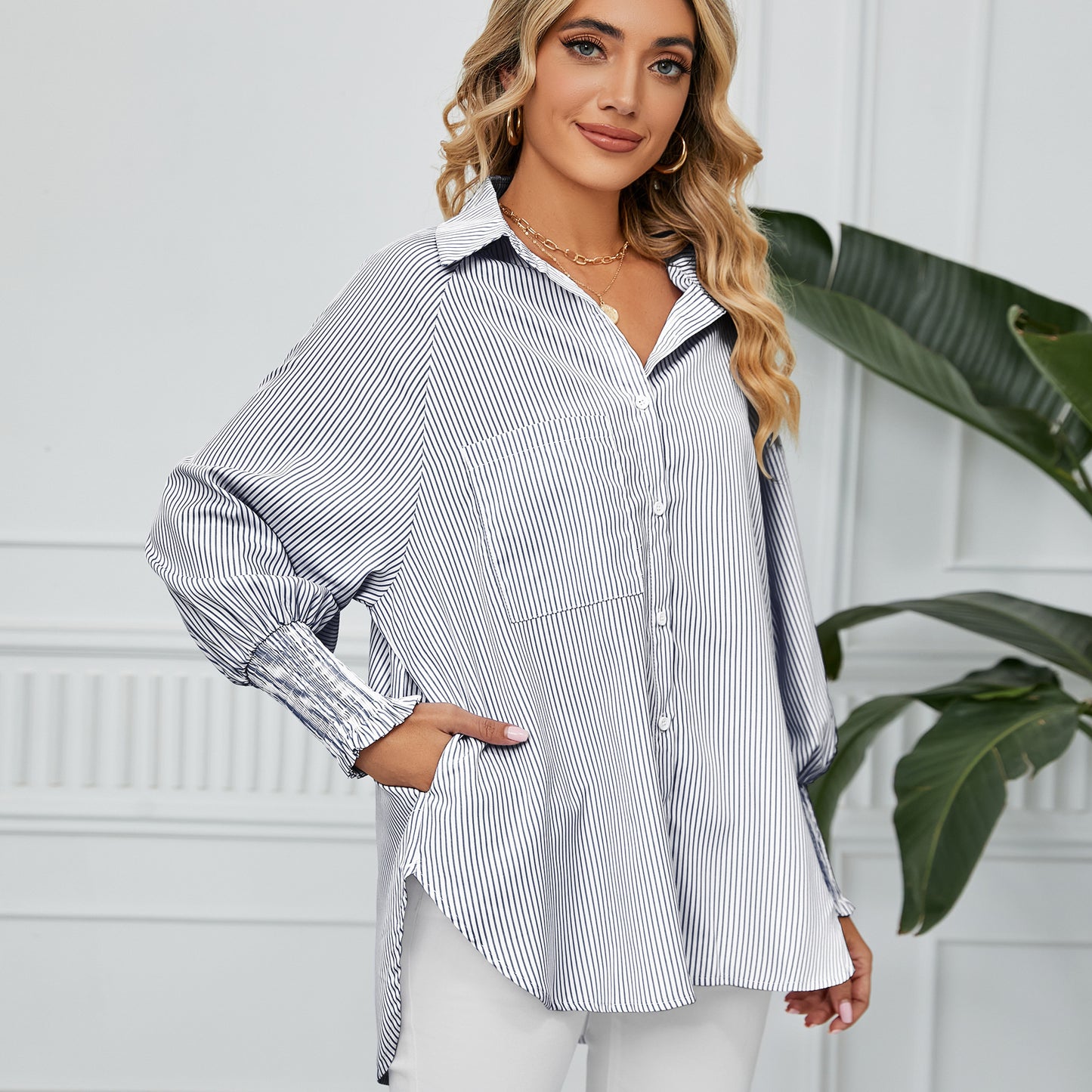 Women's Cuff Pleating Loose Striped Shirt Top