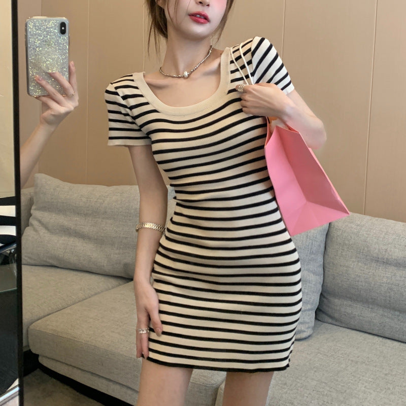 Hot Girl Striped Short Sleeve Dress Women's Summer