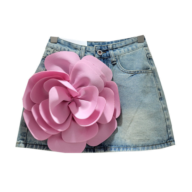 Design Flower High Waist Denim Skirt Women's A- Line Hot Girl Shorts Sheath Culottes Skirt