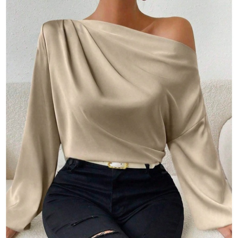 Women's Shoulder Long-sleeved T-shirt Asymmetric Pullover Top