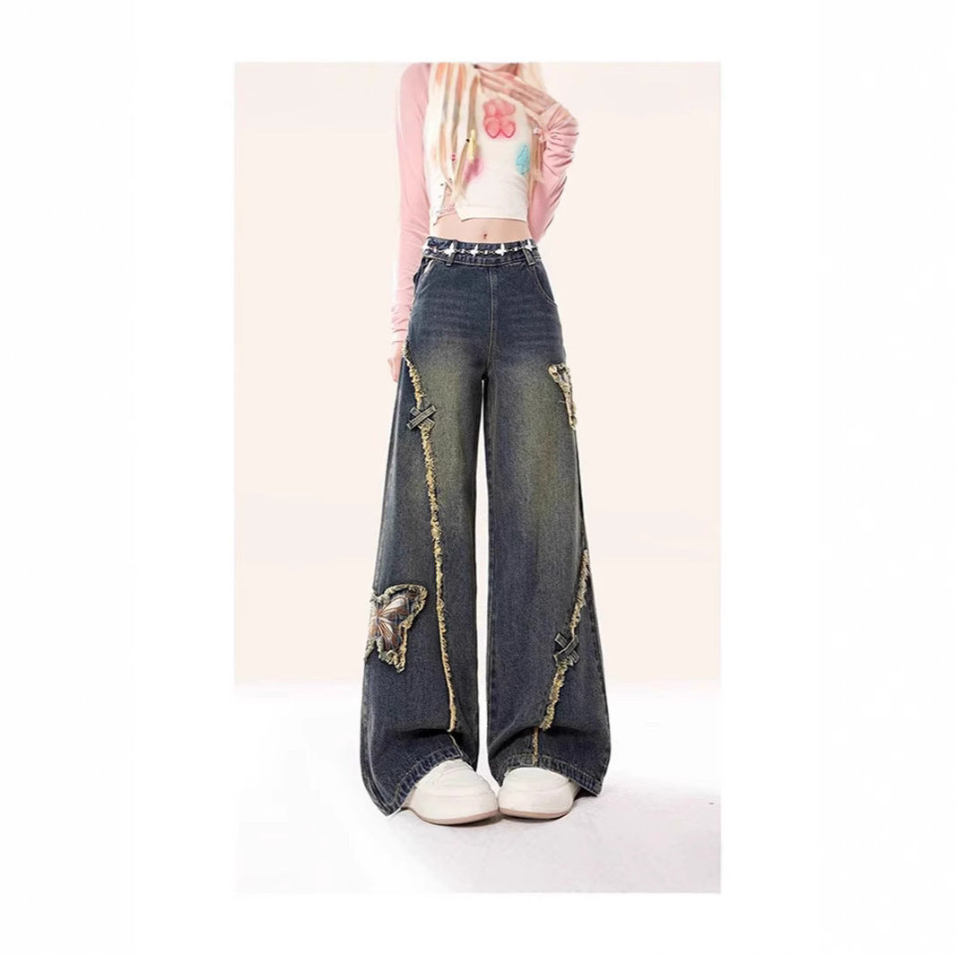 Retro Butterfly Patch Raw Edge Denim New High Street Design Straight Mop Pants