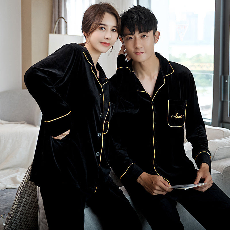 Couple Pajamas Women's Spring And Autumn Men's Long-sleeved Red Gold Velvet Home Wear