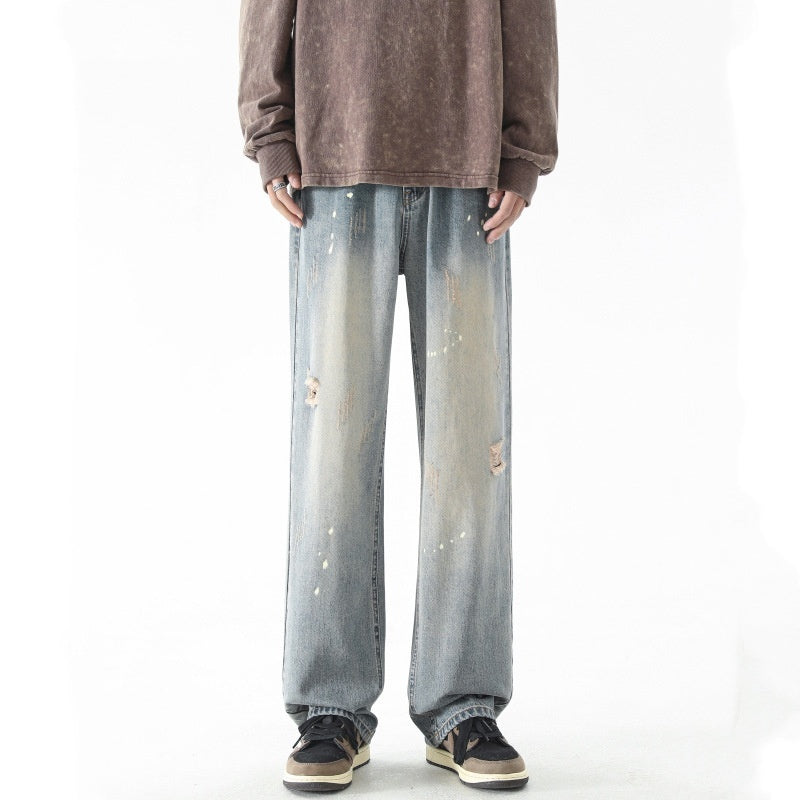 Water Washed Hole Jeans Men's Straight-leg Trousers