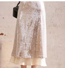 Spring And Summer New Fashionable Sequins Stitching Voile Back Slit Skirt