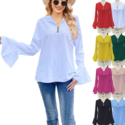 Lotus Leaf Shirt Solid Color T-shirt V-neck Button Women's Top