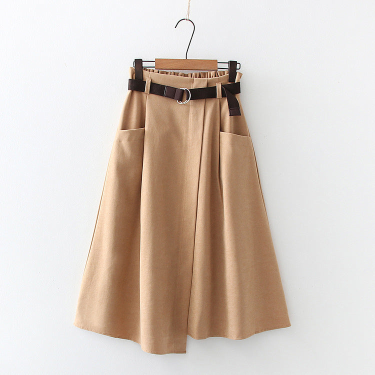 Solid Color Leisure Artistic Pocket High Waist Slimming Irregular Midi Skirt