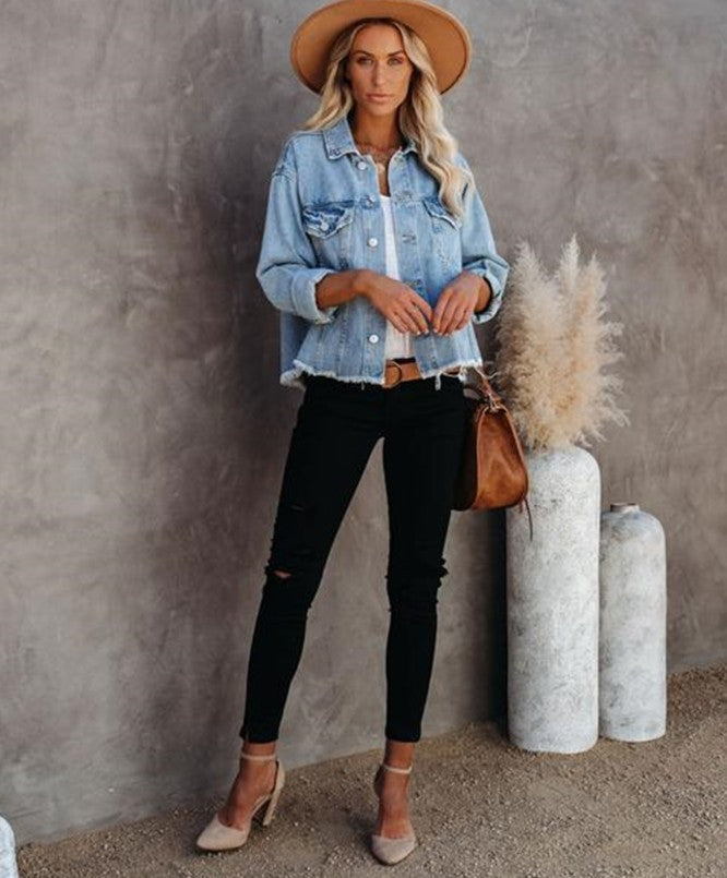 Denim  Loose Frayed Short Jacket