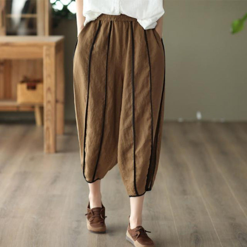 Summer Thin Striped Cotton And Linen Cropped Pants For Women