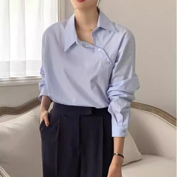 Loose Leisure All-matching Solid Color Long Sleeve Shirt For Women