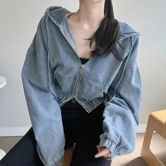 Casual Cool Girl Retro Hooded Drawstring Windproof Denim Jacket Coat