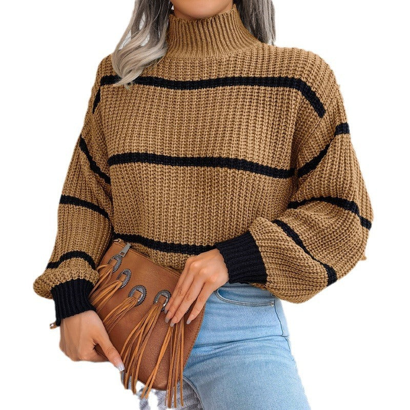 Contrast Color Striped Sweater New Half Turtleneck Pullover Top