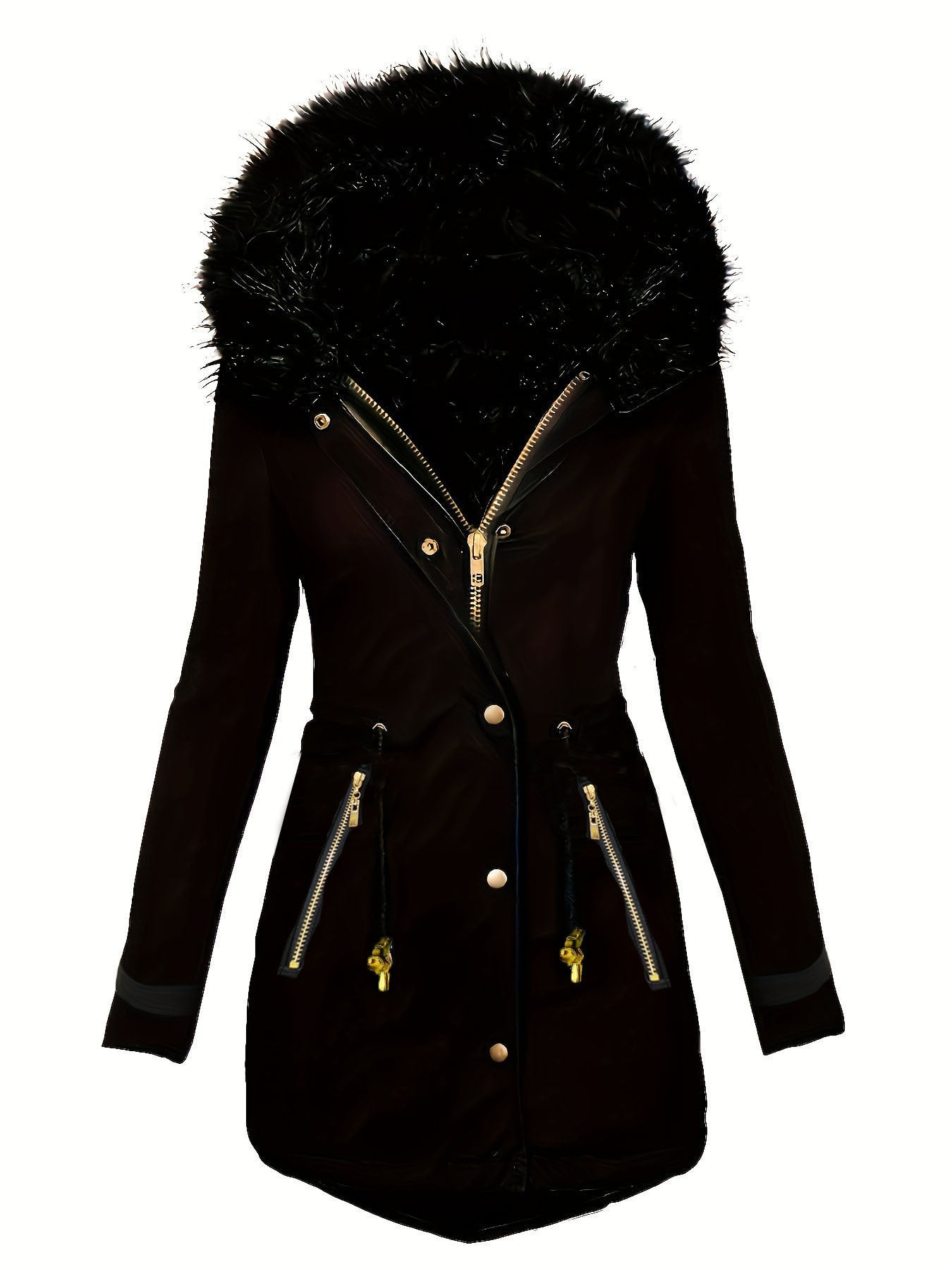 Zipper Faux Fur Decorative Hat Fur Coat Long Sleeve Oblique