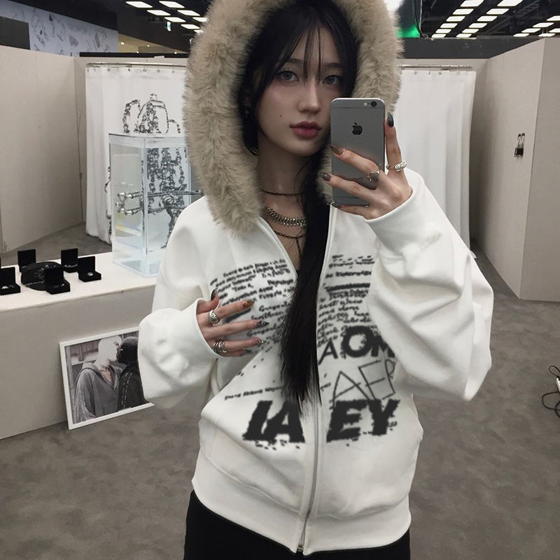 Letter Fur Collar Long Sleeve Hooded Sweater