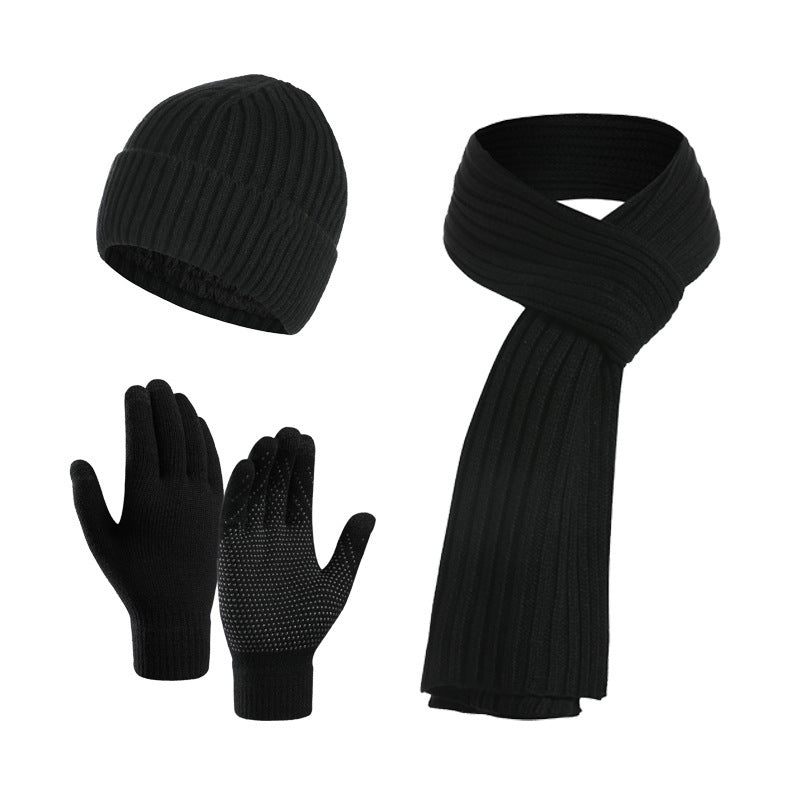 Winter Solid Color Scarf Hat Gloves Knitted Three-piece Suit