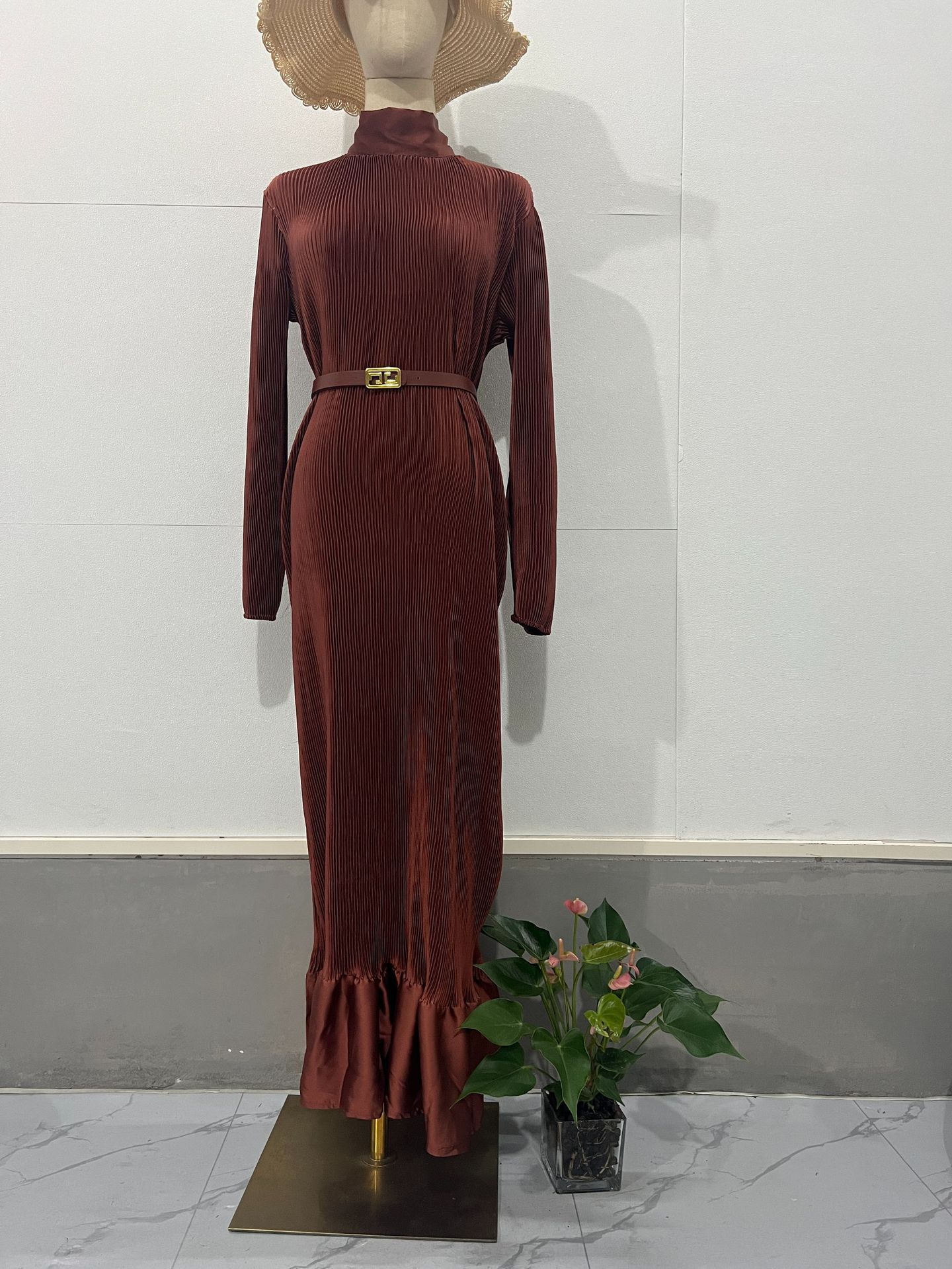 Pleated Solid Color Long Sleeve Dress