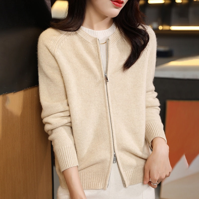 Autumn And Winter Pure Wool Cardigan Women's Round Neck Loose