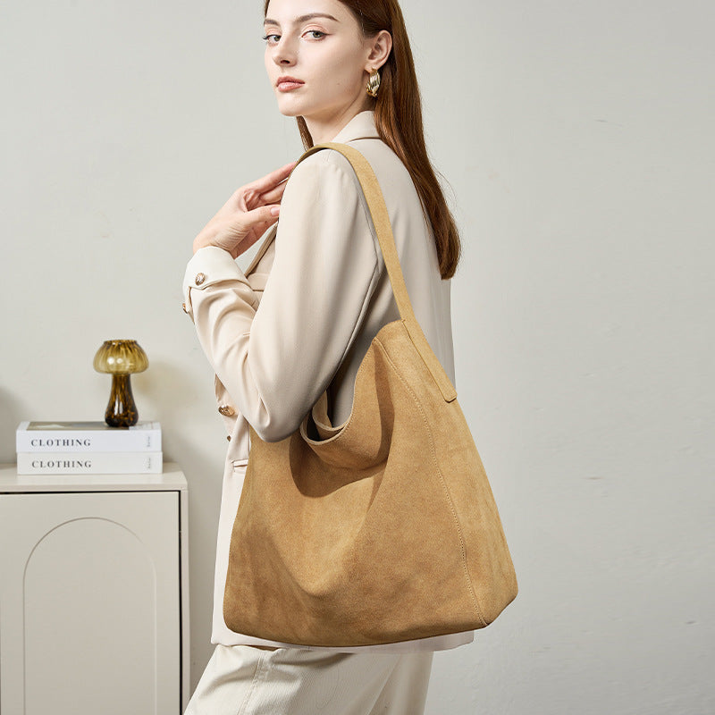 Commuter Shoulder First Layer Cowhide Matte Suede High-grade Tote Bag