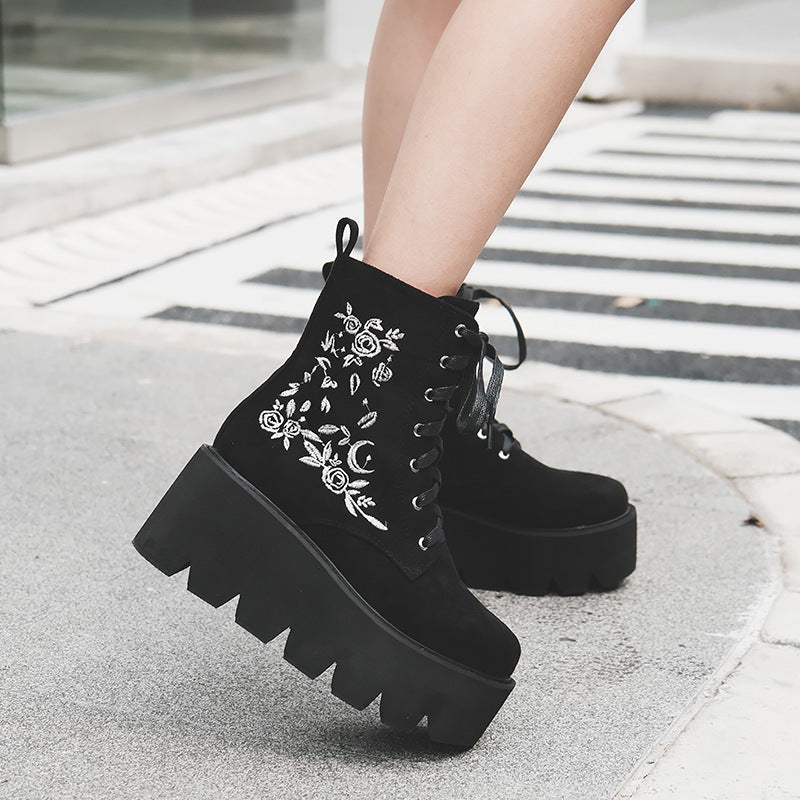 Thick-soled Thick-heeled Embroidered Frosted Platform Shoes Martin Boots