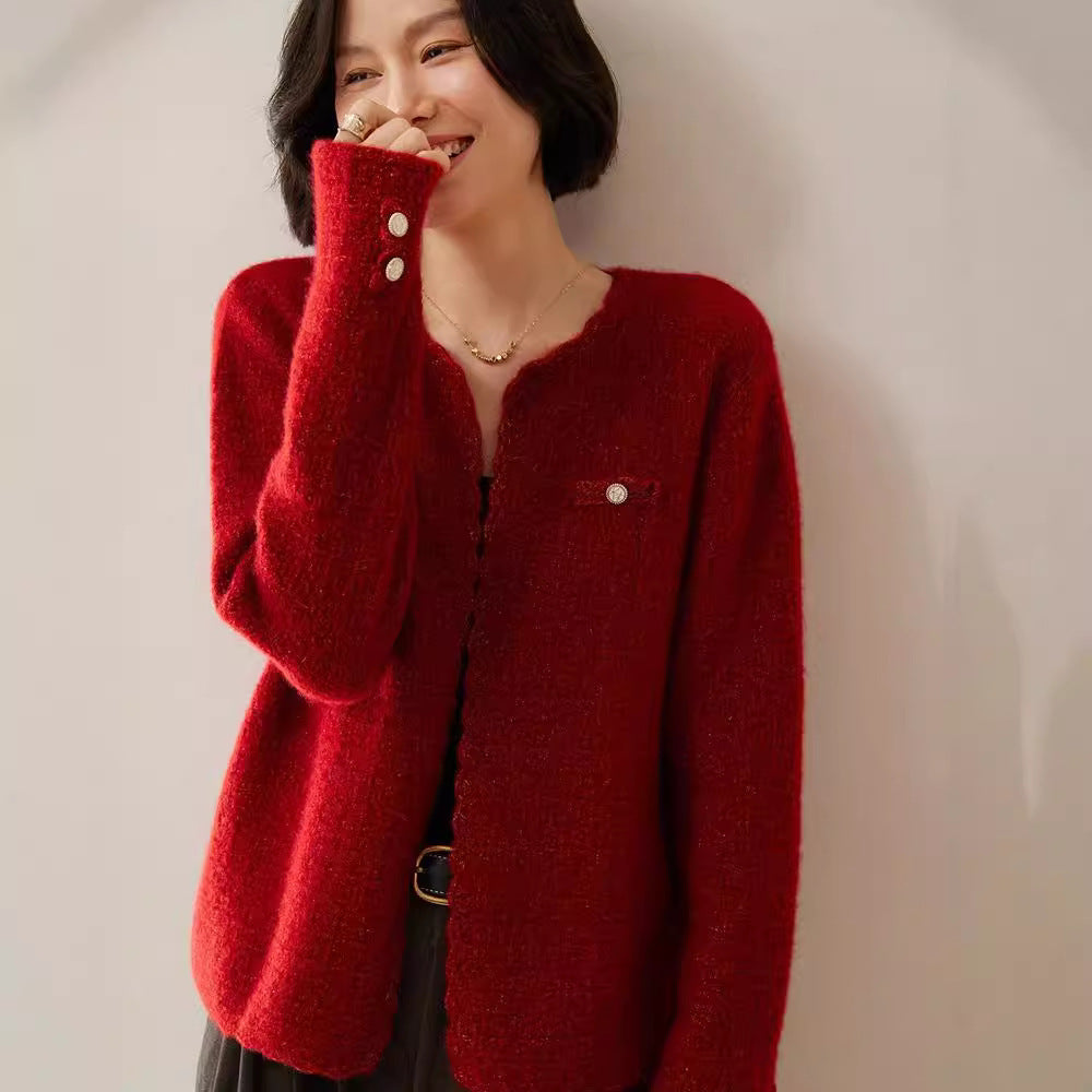 Women's Cashmere Cardigan Chanel Coat Loose Knitted Outerwear Round Neck Long Sleeve