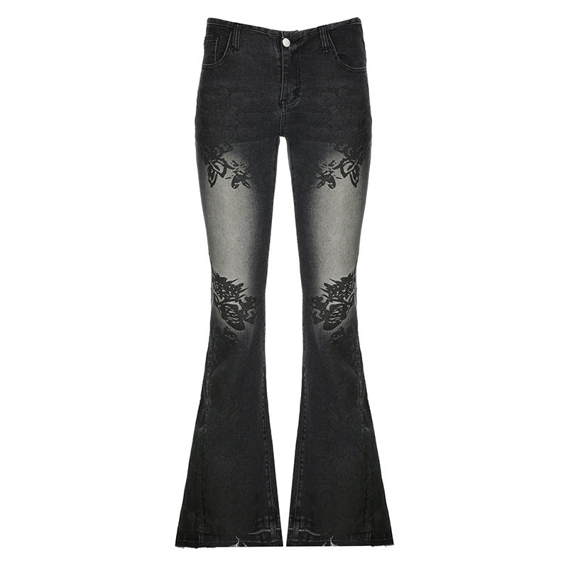 Printed Worn Jeans Slimming Washed Women