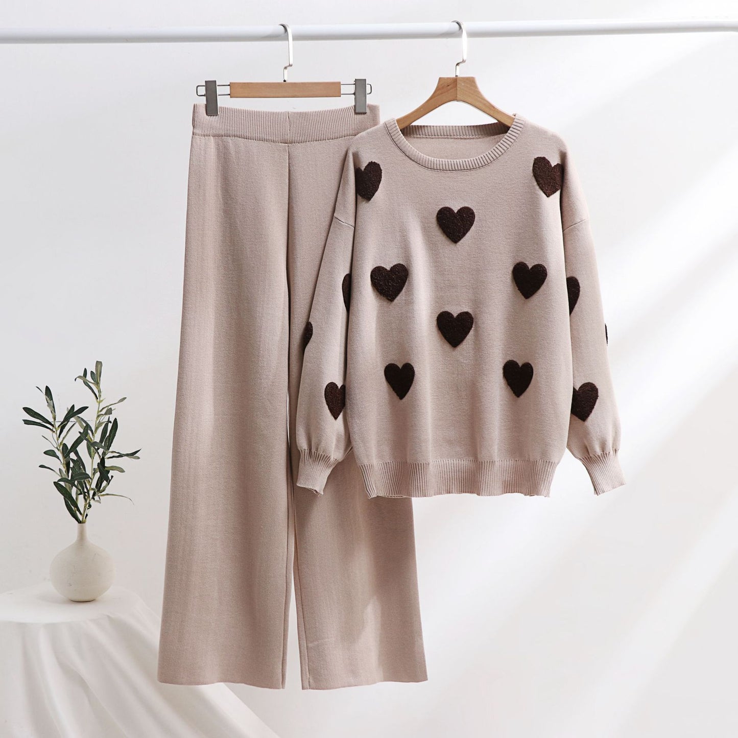 Heart Knitted Pants Outfit Top Two-piece Set