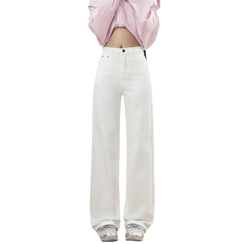 Winter Trend Rhinestone White Soft Wide Leg Mopping Jeans Trousers Lengthened