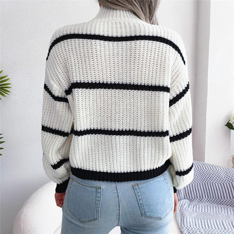 Contrast Color Striped Sweater New Half Turtleneck Pullover Top