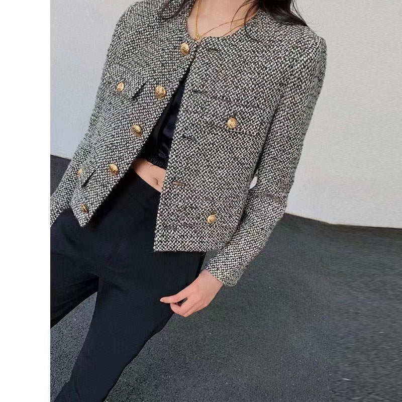 Fashion Plaid Woolen Cloth Short Coat For Women