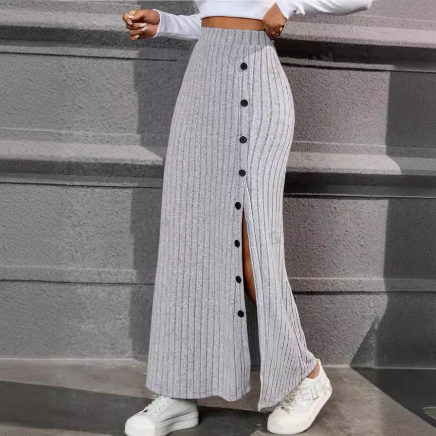 Women Knitted Dress Sunken Stripe Slit Fastener Decoration Sheath Skirt