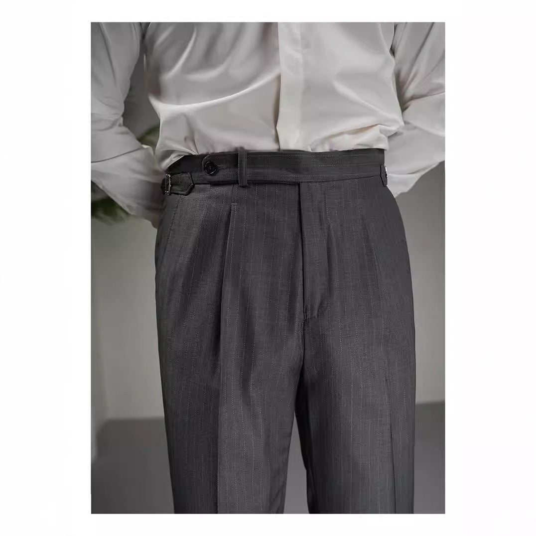 Autumn Wool Blended Single Pleated Striped Suit Pants