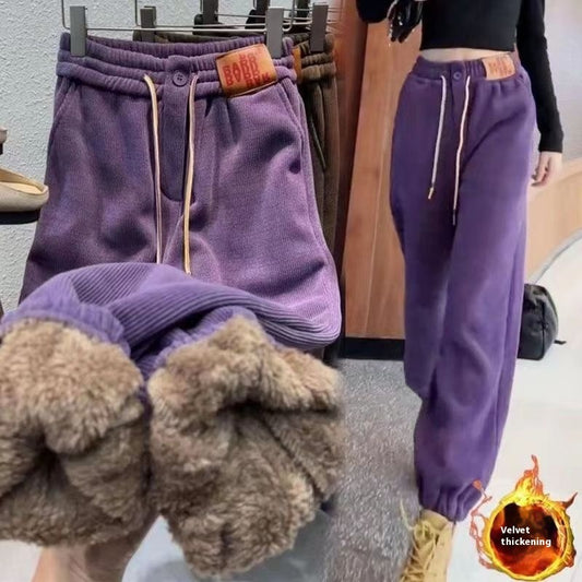 Fleece-lined Thick Track Pants Medium And Large Children Autumn And Winter Warm And Loose Leisure One Lambswool Outer Wear Trousers