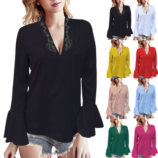 European And American Low Cut Rhinestone High Collar Solid Color Lotus Leaf Long Sleeve Shirt