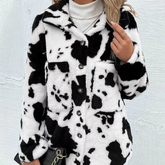 Double-sided Plush Cow Pattern Pocket Top Coat