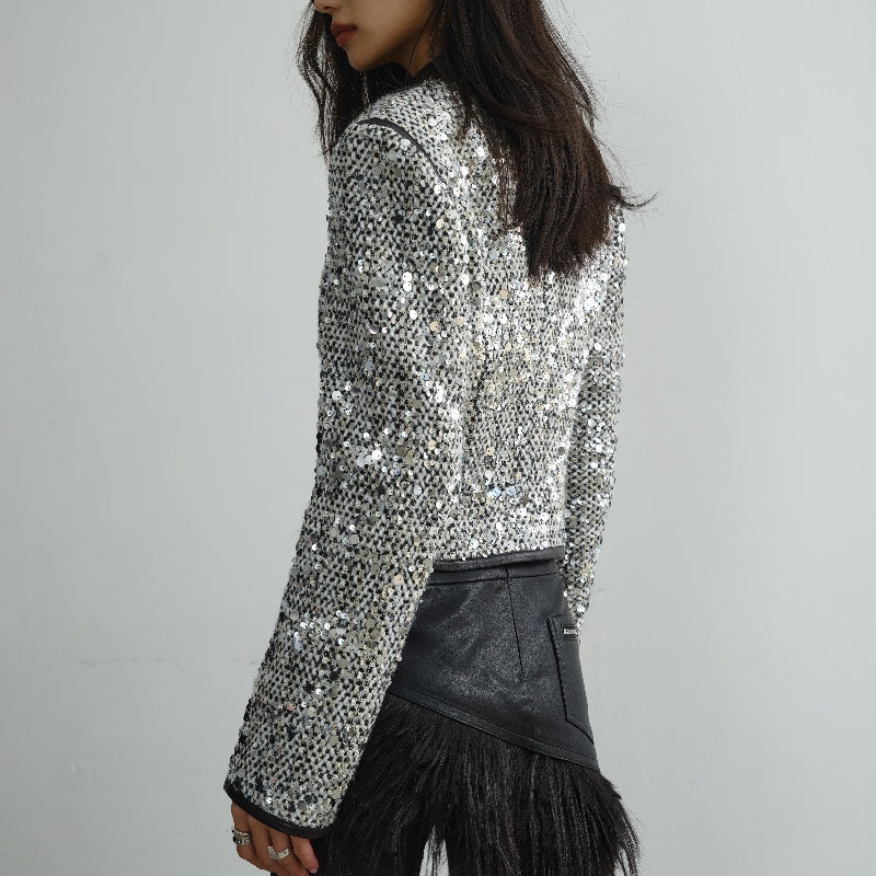 Retro Modern Urban Style Low Collar Sequined Fashionable Short Coat