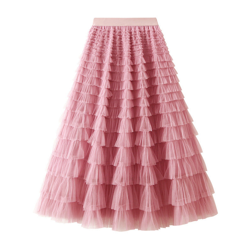 A-Line Mesh Ruffle Skirt Women's Temperament Sweet Long Skirt Slim Cupcake Dress Womens Clothing