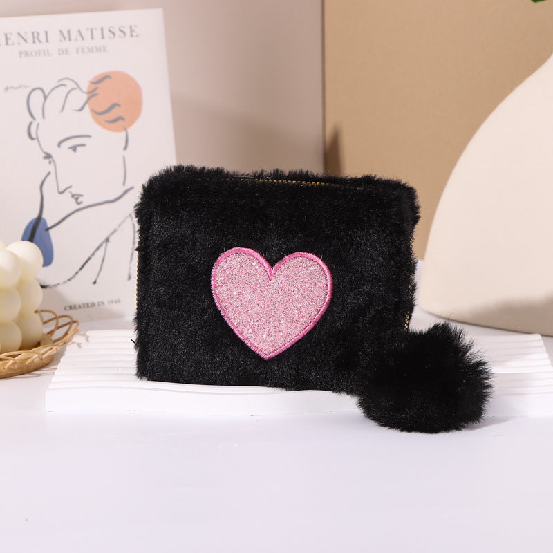 Plush Coin Purse Love Embroidered Zipper