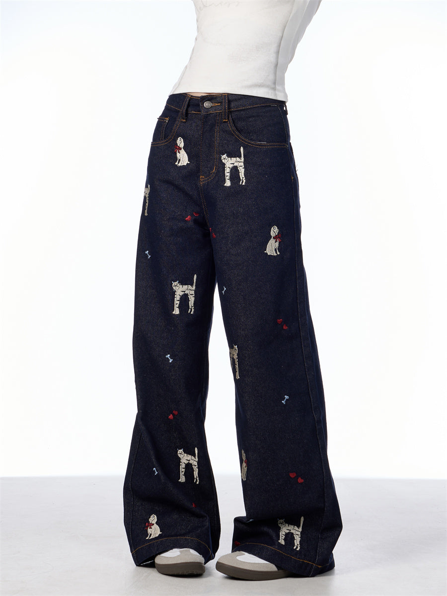 Animal Print Wide Leg Jeans Women's Loose Casual Pants