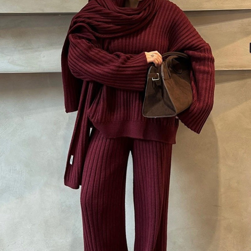 Solid Color Sweater Scarf Collar Suit New Casual Style Round Neck