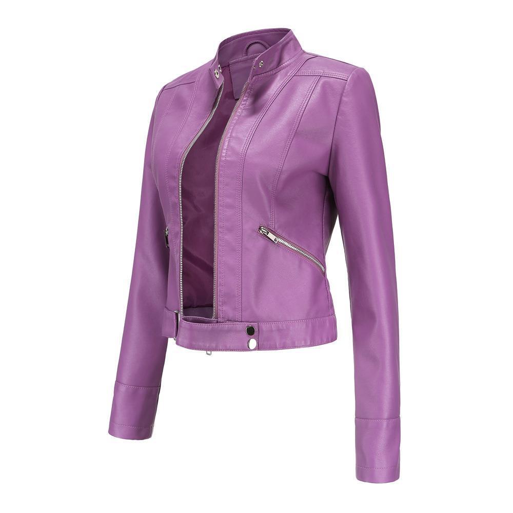 Women's Short Leather Jacket Stand Collar Jacket Thin