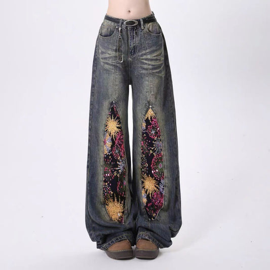 High Street Heavy Industry Fireworks Sequin Stitching Jeans Summer New